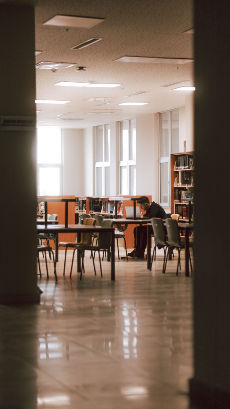 A peaceful library setting with a person studying at a desk surrounded by bookshelves.